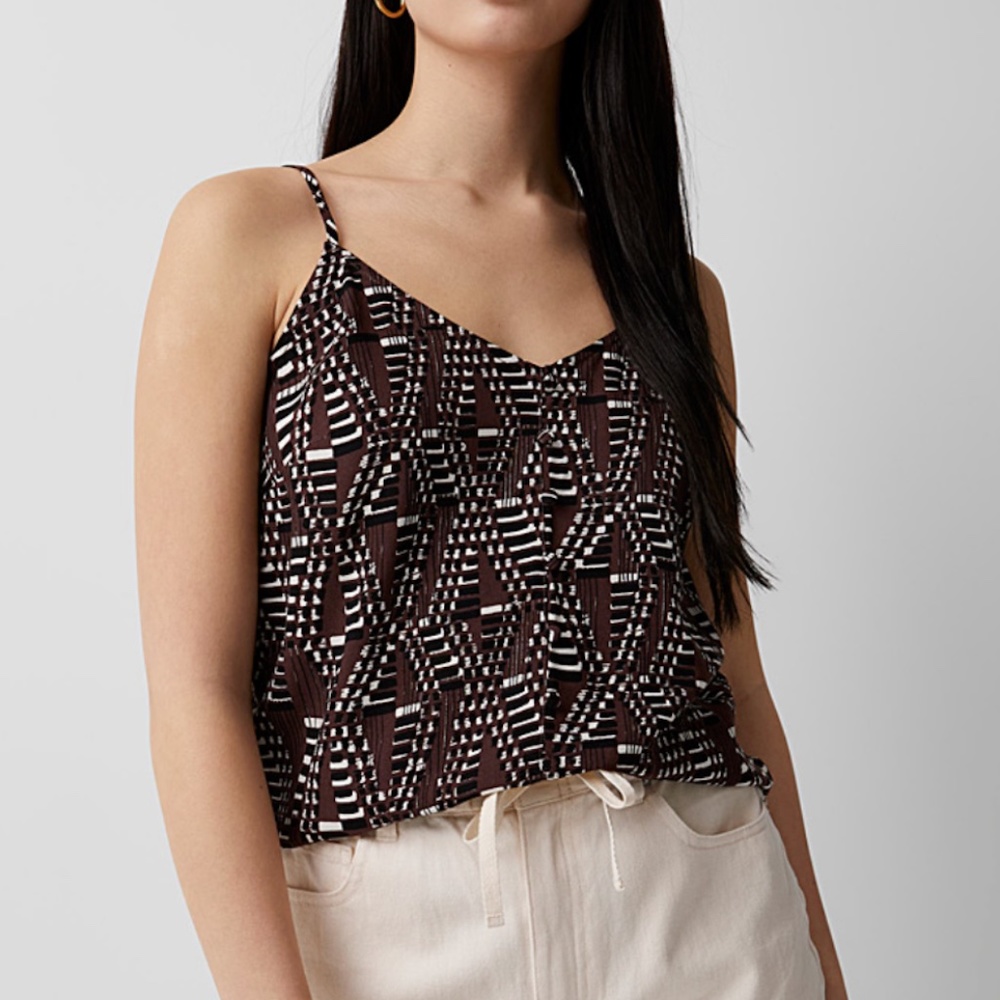 Brown, black and white abstract pattern covered buttons cami NWT